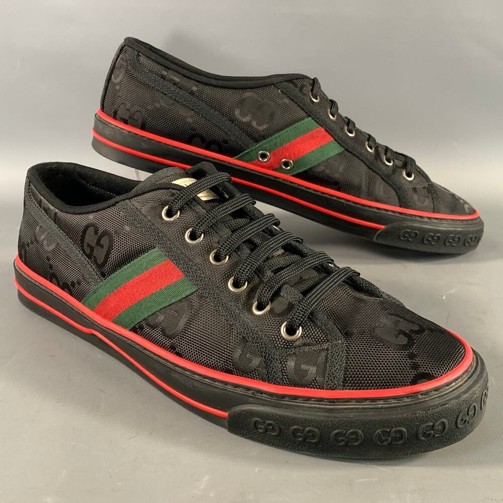 GUCCI Size 10 Black Red & Green Monogram Low Top Sneakers